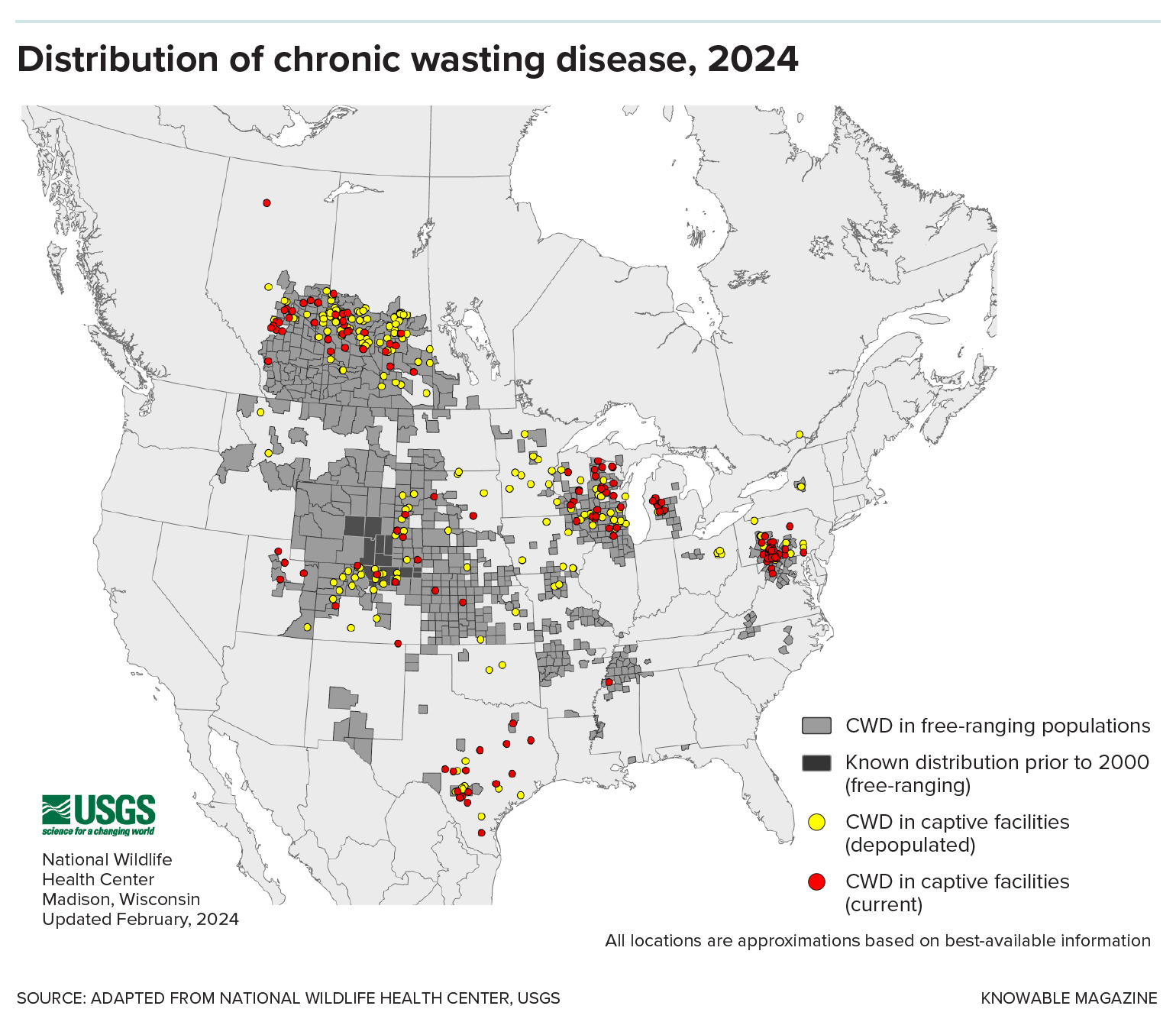 Map showing spread of chronic wasting disease in North America.
