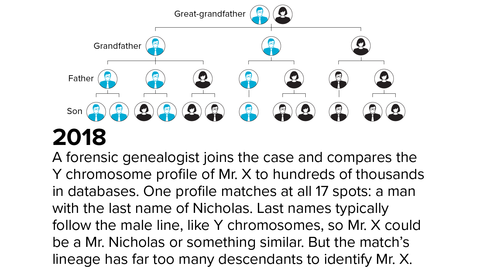 Last name of Nicholas? 2018: A forensic genealogist joins the case and compares the Y chromosome profile of Mr. X to hundreds of thousands in databases. One profile matches at all 17 spots: a man with the last name of Nicholas. Last names typically follow the male line, like Y chromosomes, so Mr. X could be a Mr. Nicholas or something similar. But the match’s lineage has far too many descendants to identify Mr. X.
