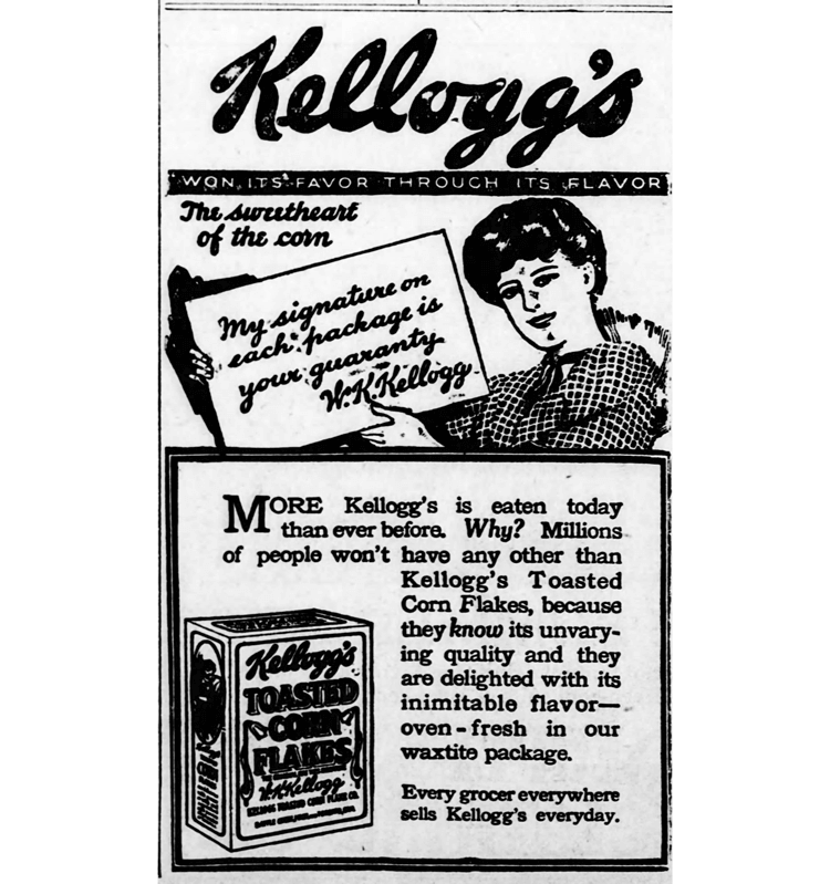 Vintage ad for Kellogg’s corn flakes, an enduring brand.