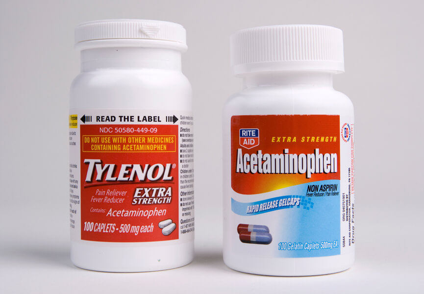 Photo of a bottle of Tylenol and one of the generic version of acetaminophen. Brand loyalty can lead consumers to spend more for the brand-name version, despite the generic working just as well.