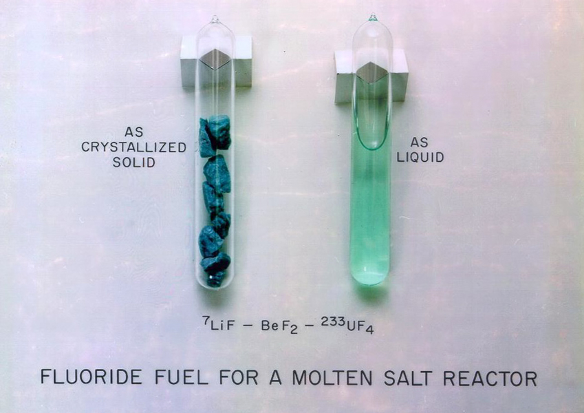 Photo shows a vial of fluoride salts, including uranium tetrafluoride, as a blue solid and as a melted liquid.