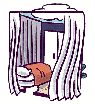 Illustration: One of three different “rooms” seen through openings in floor to ceiling white curtains. 