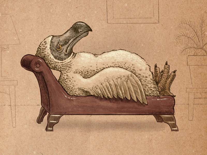 Illustration shows a dodo bird on a therapist’s couch.