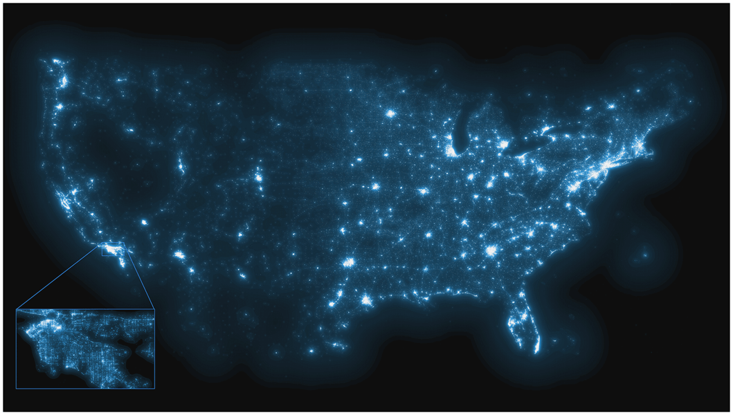 Map of US showing exact locations where 250 million tweets were sent from.