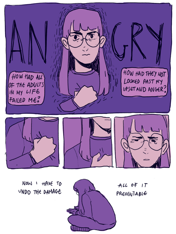 A comic depicts, in several frames, one person’s struggling with various mental health diagnoses before finally reading about girls with ADHD and grappling with that discovery.
