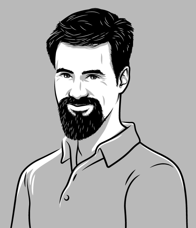 Black and white cartoon portrait of Andrew Whitehead