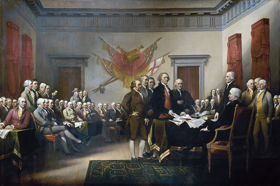 A historical painting showing the drafters of the US Declaration of Independence.