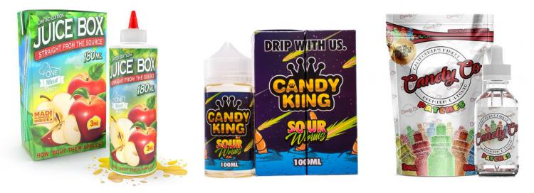 Three examples of e-liquids used in e-cigarettes and targeted at youth. One looks like a child’s apple juice and is called “Juice Box”; one is called “Candy King” and is flavored like sour gummy worms; one is called “Candy Co.“