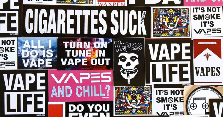 A collage of stickers promoting vaping in a skateboard-culture style.