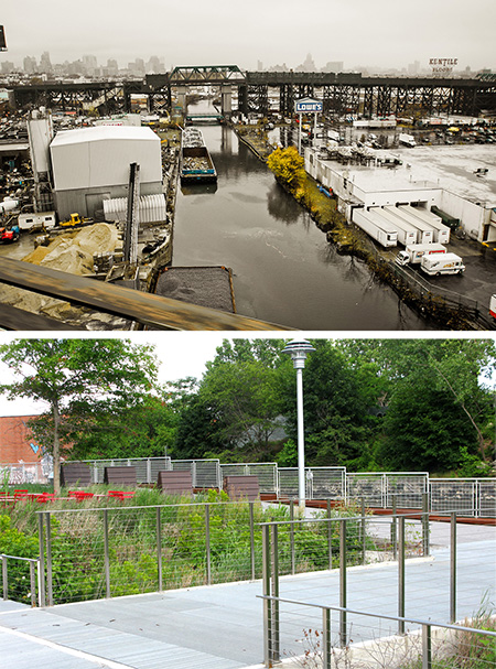 Photos show Gowanus Canal in New York before and after a restoration project added green infrastructure to the site. The canal is in an industrial area with trucks and warehouses. The park adds greenery and usable public space.