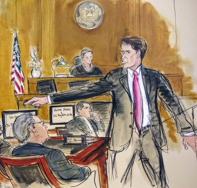 Courtroom sketch of a prosecutor during a trial
