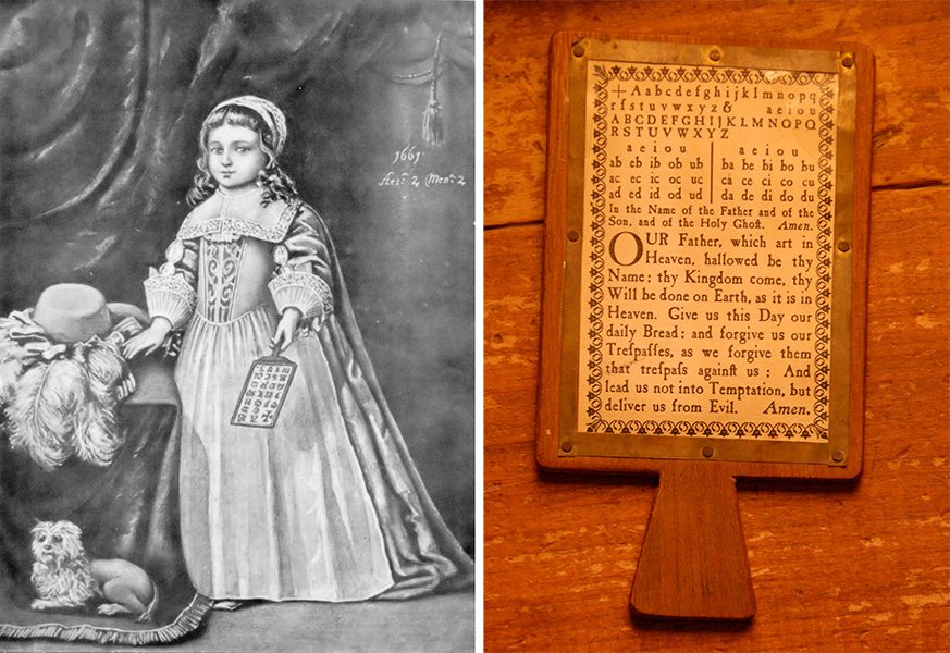 Two images side by side. On left is an old picture of a child holding a hornbook. On right is a photograph of a hornbook with the alphabet and Lord’s Prayer on it. 