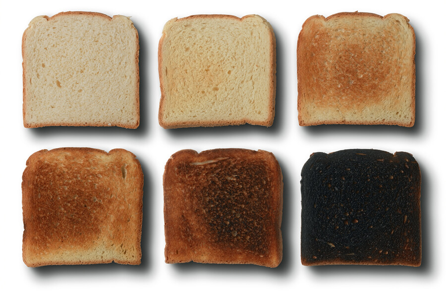 Six slices of toast. Acrylamide forms when bread is toasted and the amino acid asparagine reacts with sugars at high heat.