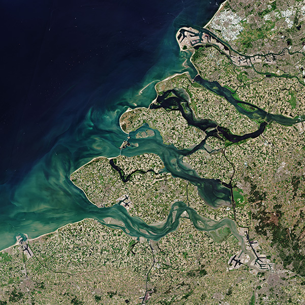 Satellite image of inky blue water and the complicated delta of Zeeland, with many channels and islands.