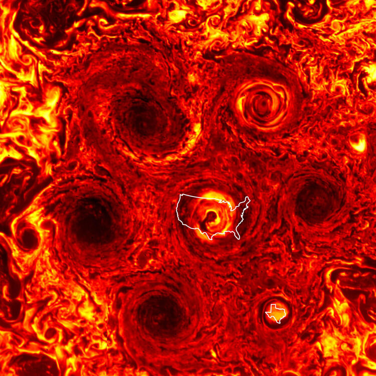 Infrared image reveals hexagon-shaped collection of immense red, black and yellow swirls on Jupiter’s south pole. An outline of the US is superimposed on the central cyclone’s core, and seems equivalent in size. A storm to lower right is shown to be larger than the state of Texas.
