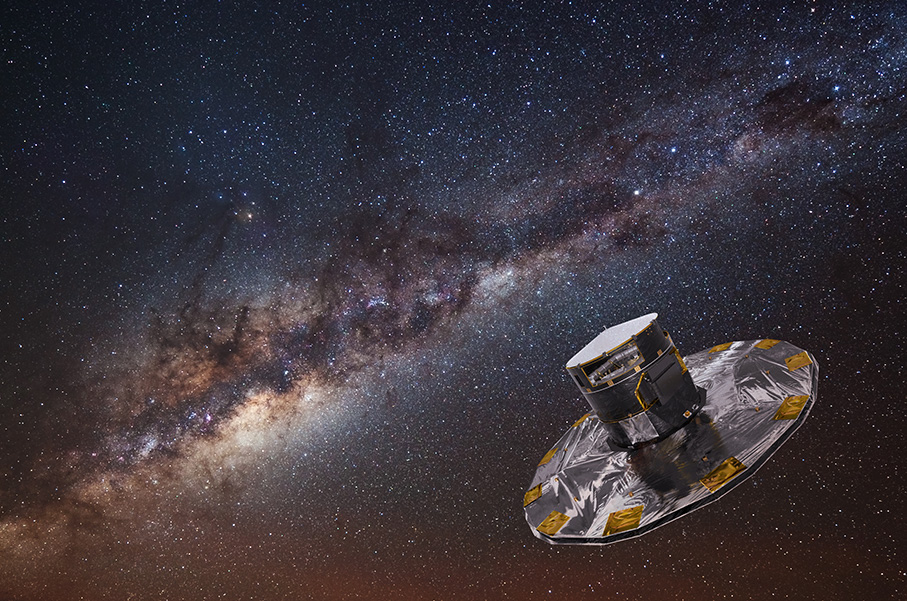 An image shows the disk of the Milky Way, with bright stars and dark wispy clouds. In the forefront is the silver-and-yellow artist's rendering of a space telescope.