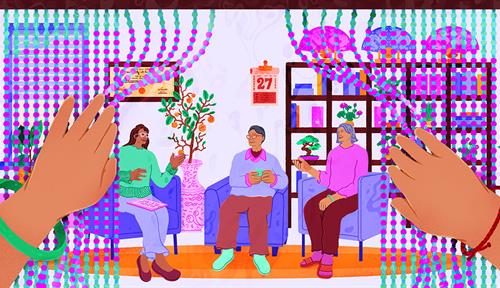 Illustration shows a bead curtain being parted to reveal a room beyond, in which three people are sitting in armchairs talking with each other in a therapy session.