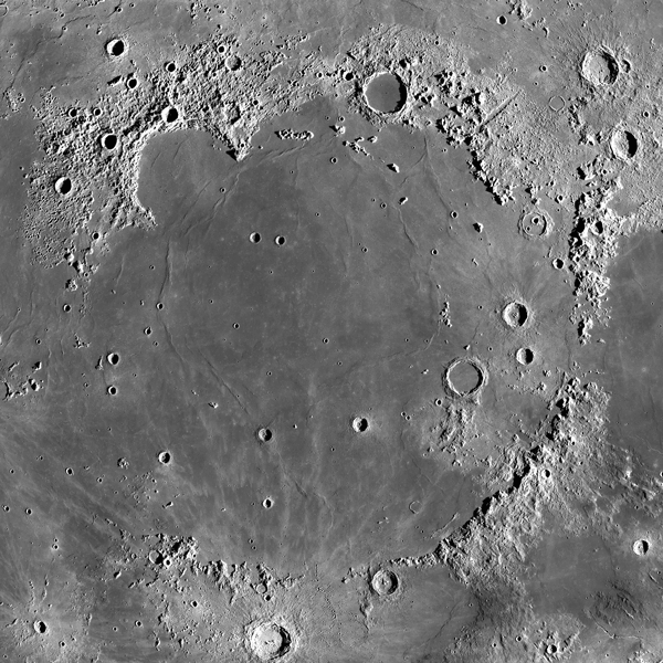 Image shows the Mare Imbrium, an immense impact crater on the nearside of the moon.
