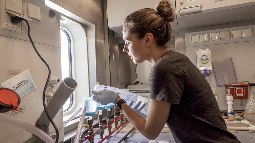 In this photograph, researcher Elizabeth Andruszkiewicz Allan pours seawater collected from the White Shark Café into a filtration system. The environmental DNA from different organisms will get stuck on a filter so she can analyze it later.
