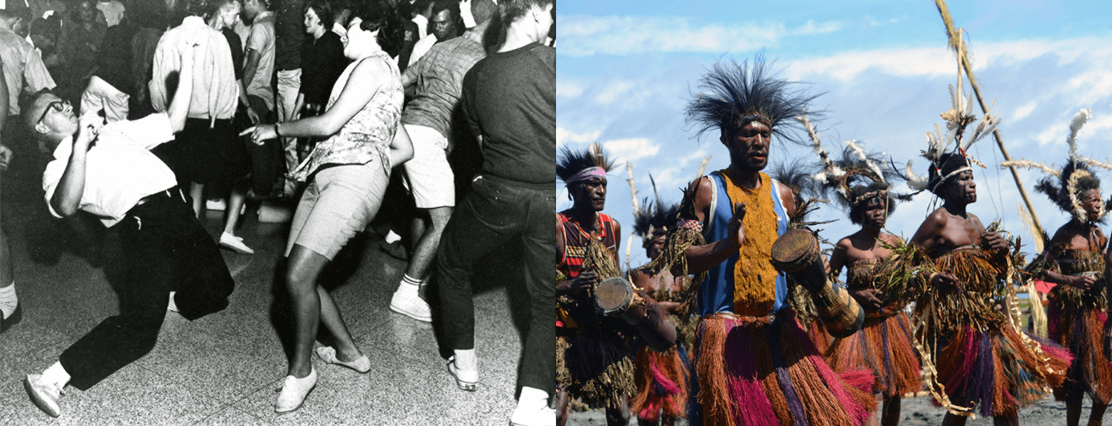 Dance — movement in response to a musical rhythm — is common across all human cultures and times. At left, a couple dances to rock and roll music at a college in New York in 1963. At right, men and women drum and move as part of a traditional tribal dance performed at the 7th Gulf Mask Festival in Toare Village in Papua New Guinea in 2011.