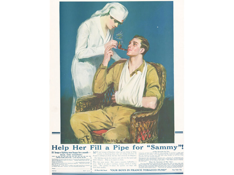 A World War I poster, showing a nurse lighting a pipe for an injured soldier, solicits donations for a fund to send tobacco to soldiers on the front.