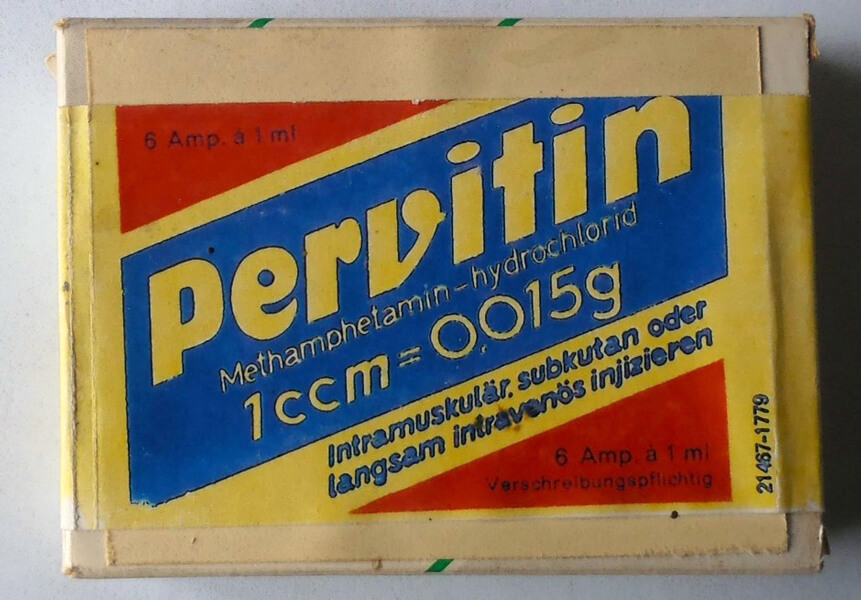 Photograph shows a package of vials of Pervitin, the methamphetamine manufactured in Germany during World War II and distributed widely to Nazi soldiers.