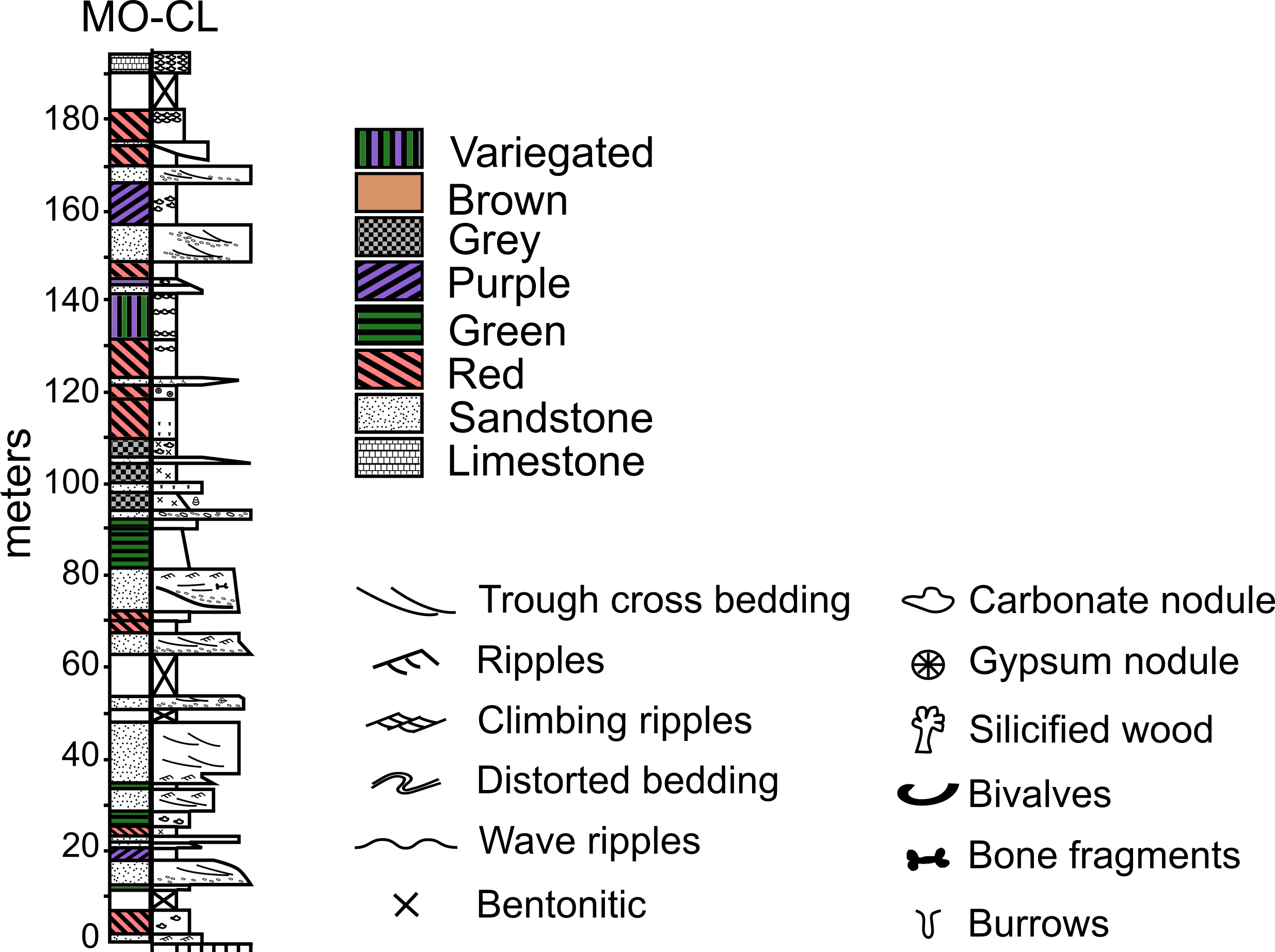 A detailed drawing of a stratigraphic log. Many layers of rock are shown to the left, in a vertical column, patterned in different ways to indicate rock types. Also noted are geological features such as ripples and carbonate or gypsum nodules.