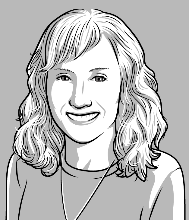 Cartoon portrait of Deborah Carr showing her head and shoulders. She has light, shoulder-length hair and is wearing a sweater and pendant. She is smiling.