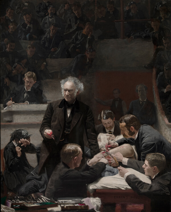 An oil painting shows an operating theater-cum-classroom run by Dr. Samuel D. Gross in the 19th century.