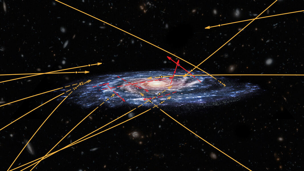 Photomontage of a spiral galaxy traces the trajectories of various hypervelocity stars discovered with the Gaia mission. Most of the speeding stars are heading out of the galaxy, but some are passing 