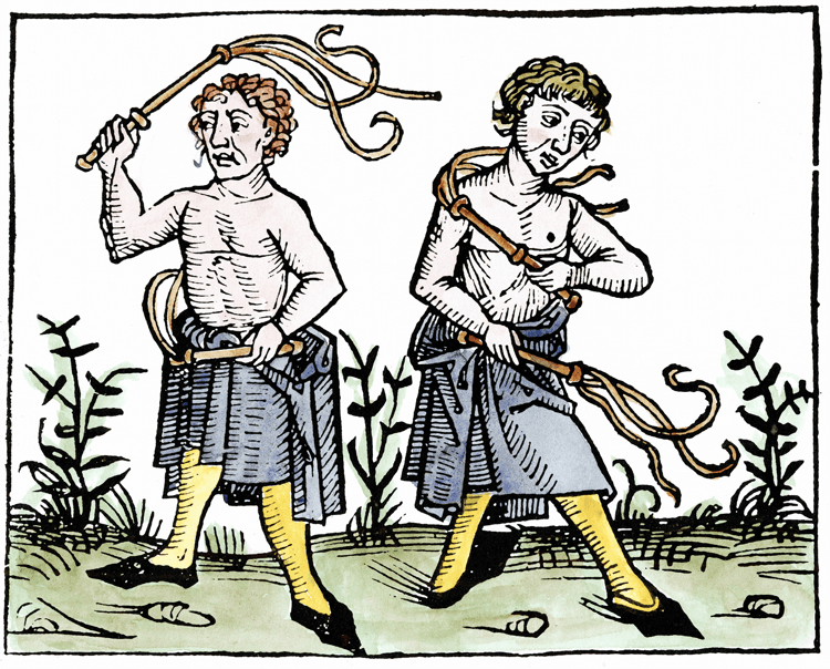 A woodcut shows two men whipping themselves.