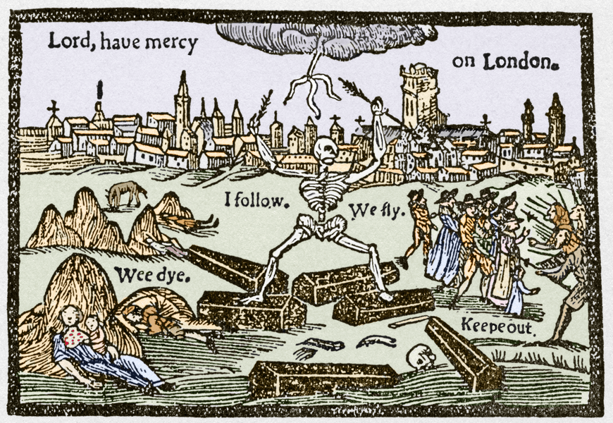 A drawing shows death, depicted by a skeleton, standing on coffins. The city of London is in the background. Also shown are people dead, dying, fleeing — or pushing back those seeking refuge. Words in the drawing are “Lord, have mercy on London,” “Wee dye,” “I follow,” “We fly” and “Keepe out.” 