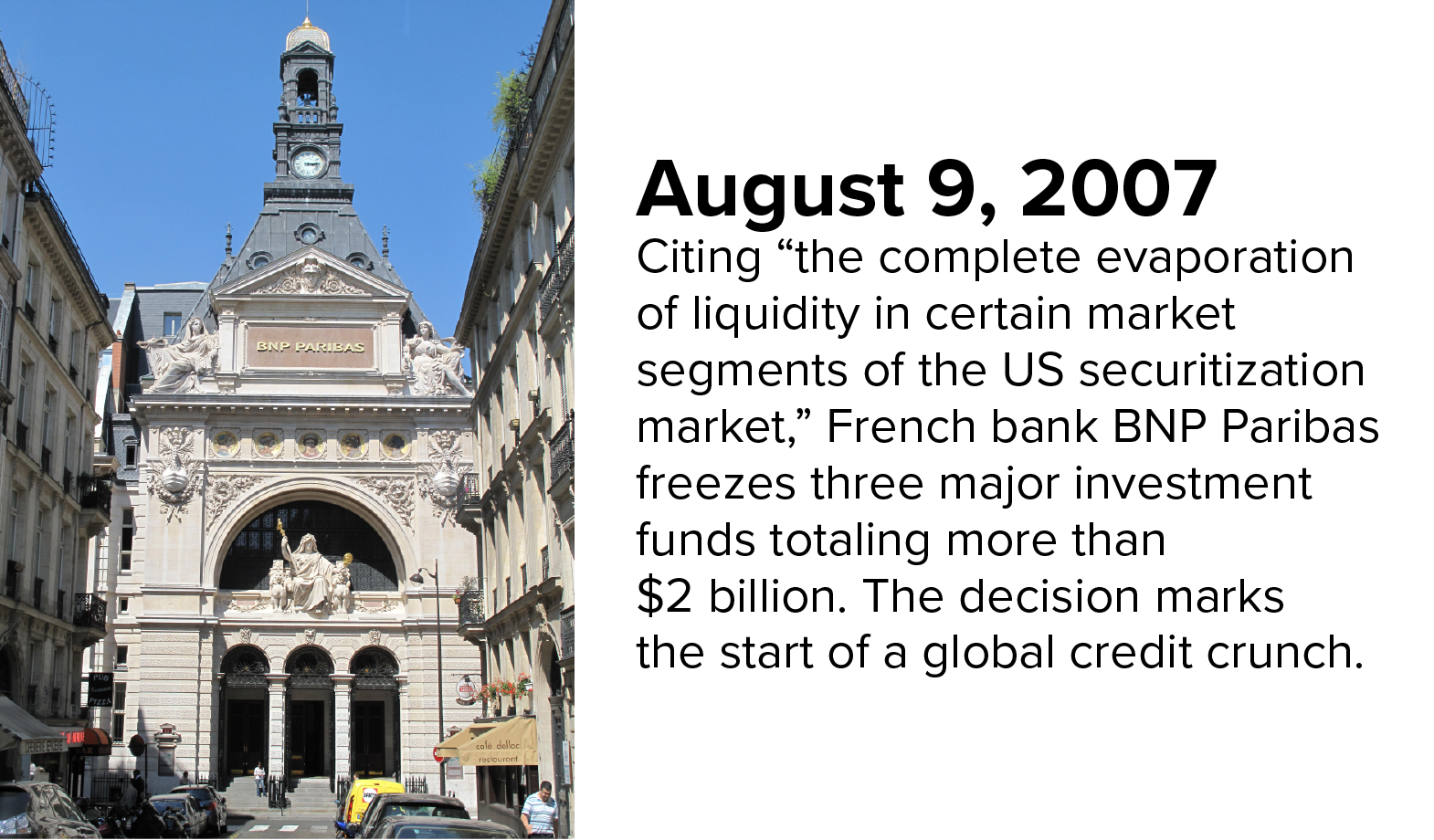 Photo of French bank BNP Paribas office, which froze major investment funds in August 2007, marking the start of a global credit crunch 