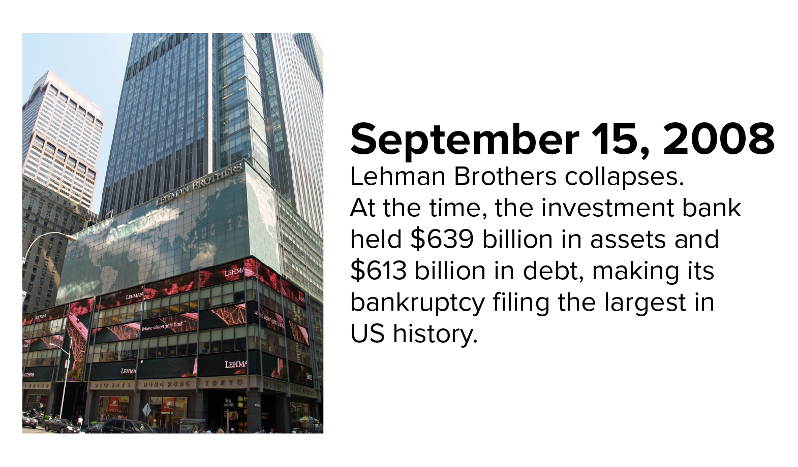 Photo of Lehman Brothers building. The investment bank collapsed on September 15, 2008.