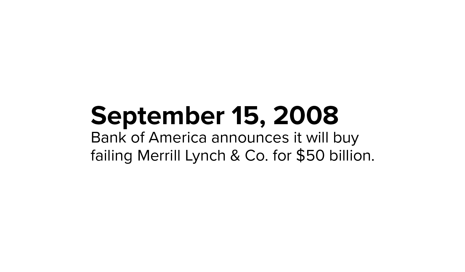 September 15, 2008: Bank of America announces it will buy failing Merrill Lynch & Co. for $50 billion.