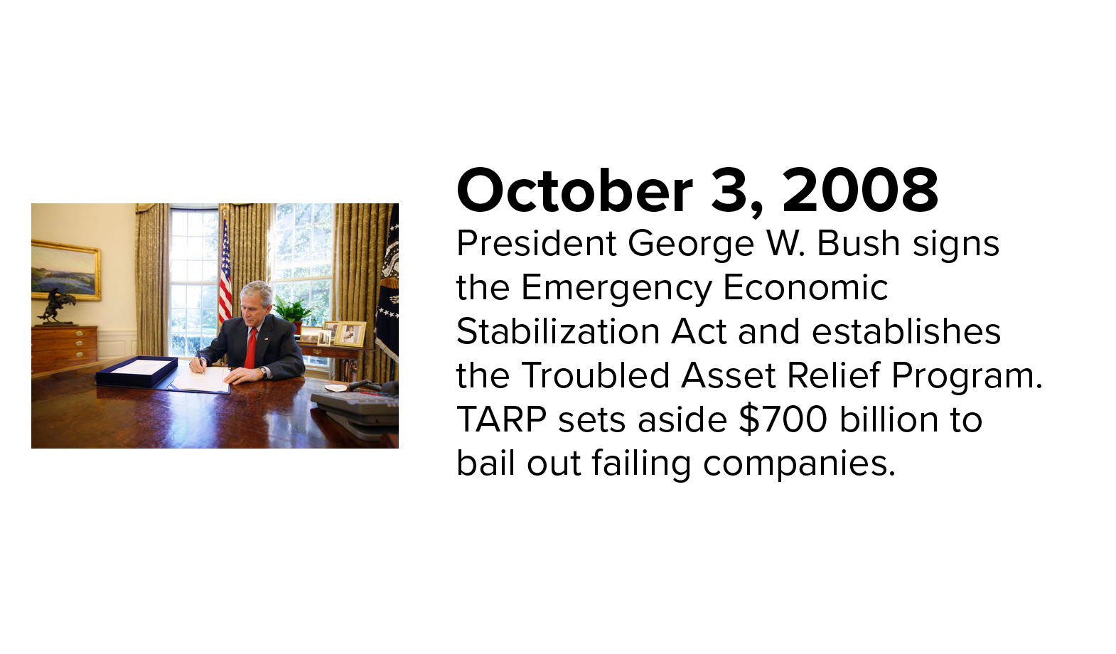 Photo of President George W. Bush signing the Emergency Economic Stabilization Act, which set aside $700 billion to bail out failing companies. 