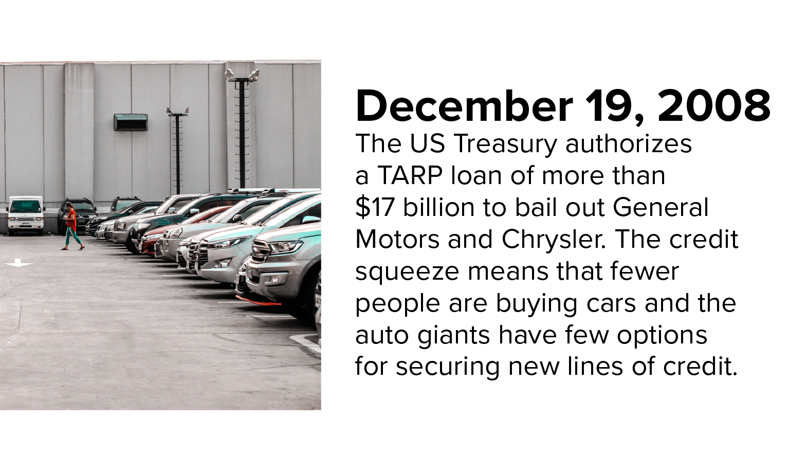 Photo of auto lot. US Treasury bails out General Motors and Chrysler in December of 2008.