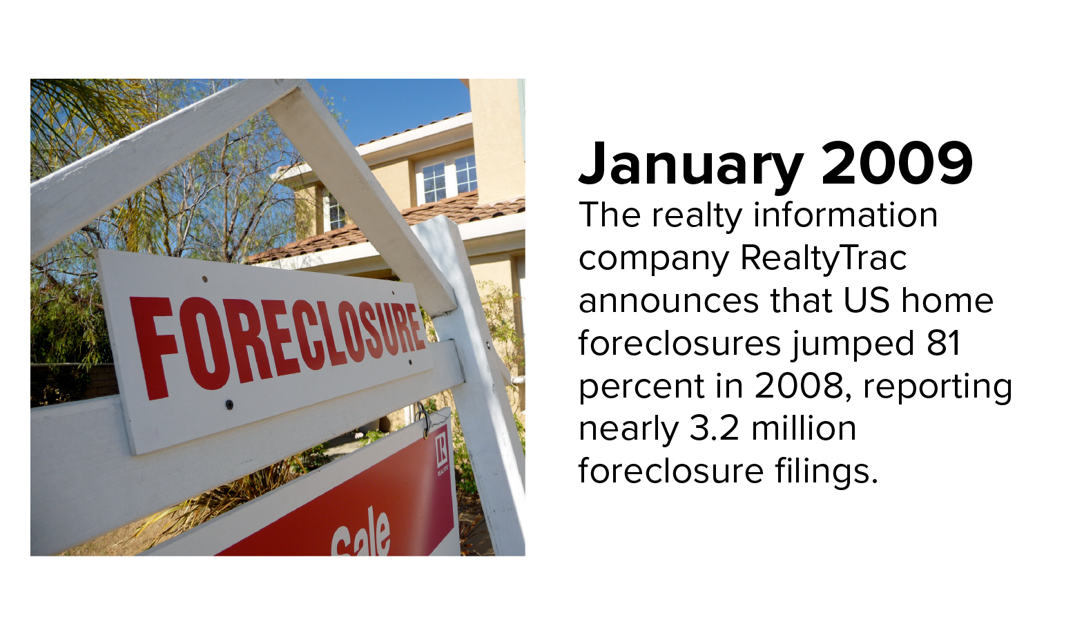 Photo of a foreclosure sign outside a home. US home foreclosures jumped 81 percent in 2008. 