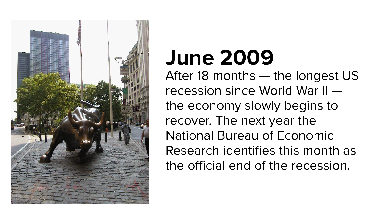 Photo of the Wall Street Bull. June 2009 marks the end of the 18-month Great Recession.
