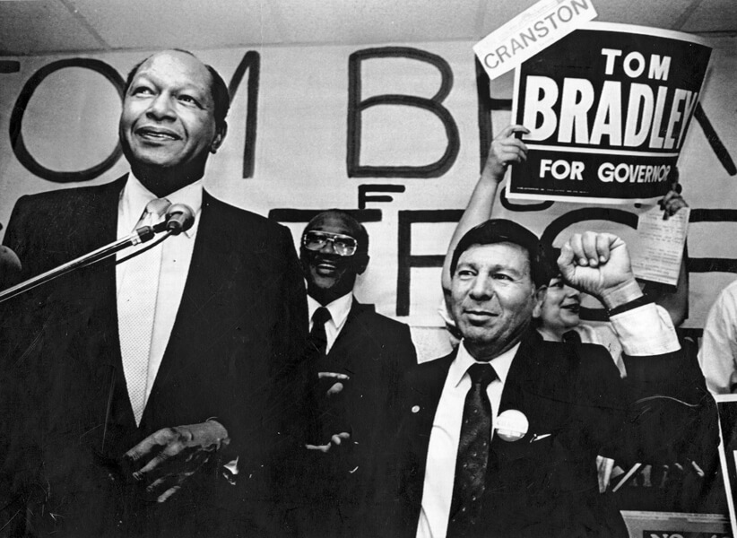 Photo shows Tom Bradley and Peter Chacon in San Diego during Bradley’s 1986 run for governor.