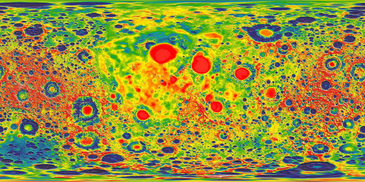 A close-up of moon craters reveals differences in gravitational pull, with blue representing one end of the value range and red the opposite, but the map is not intuitive.