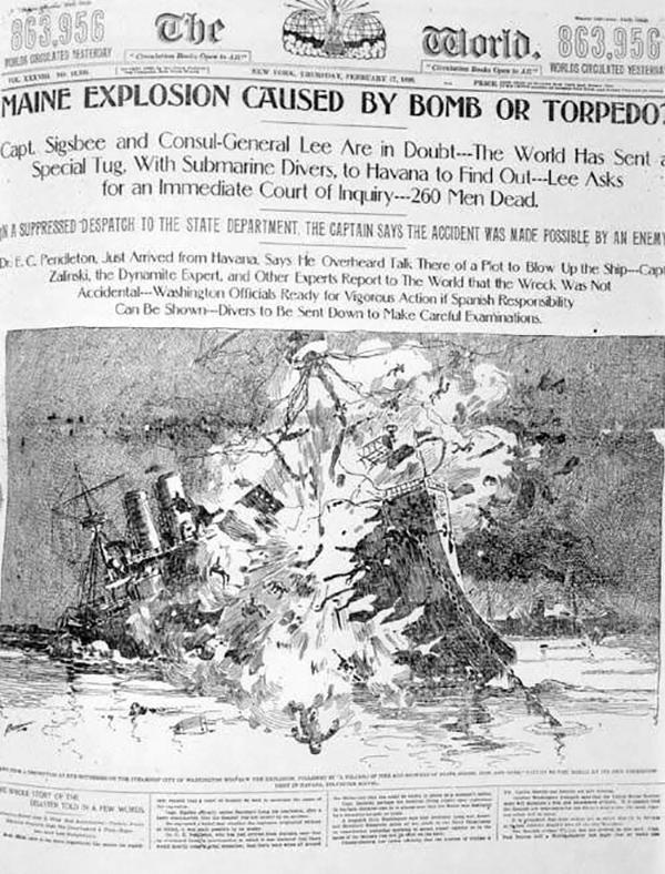 A newspaper's front page shows a drawing of the U.S.S. Maine exploding.
