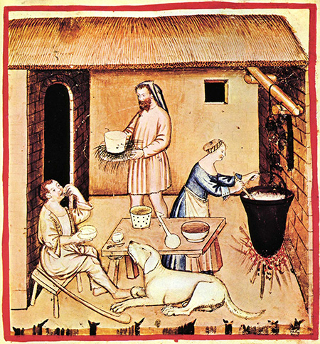 A medieval family making and eating cheese