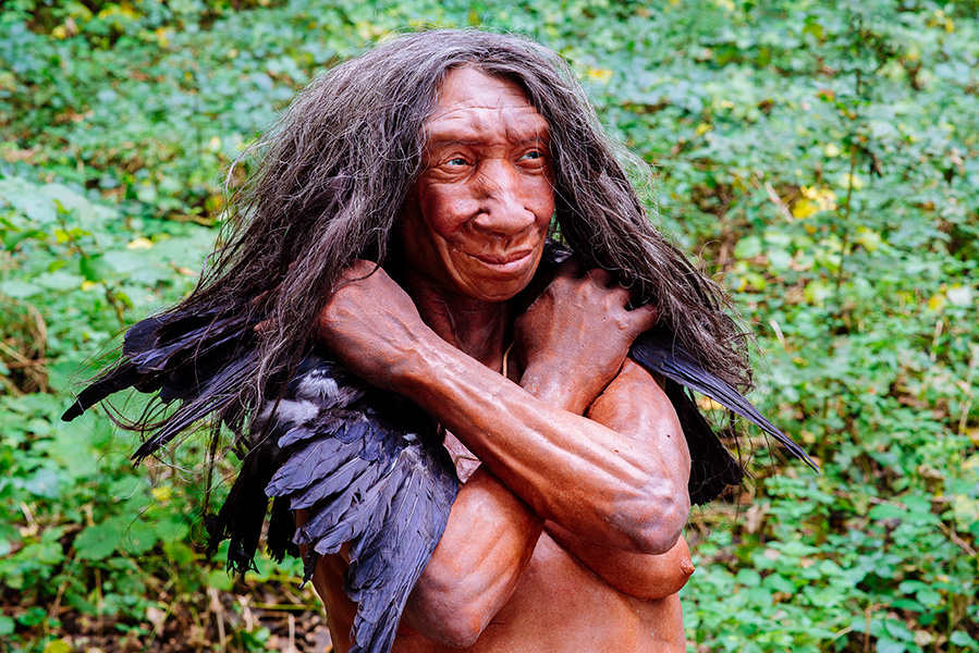 Model of a Neanderthal against green shrubbery.