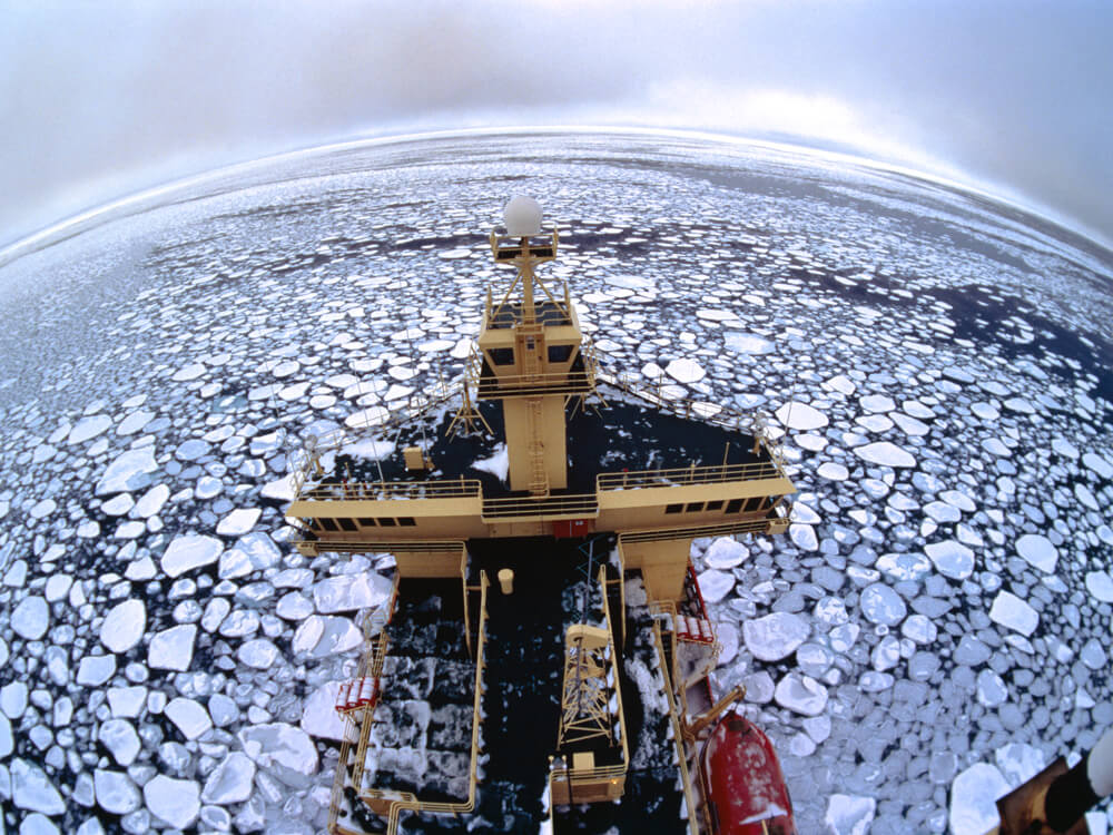 Pancake ice Bird’s-eye view of a ship surrounded by large slabs of pancake ice in the Arctic sea
