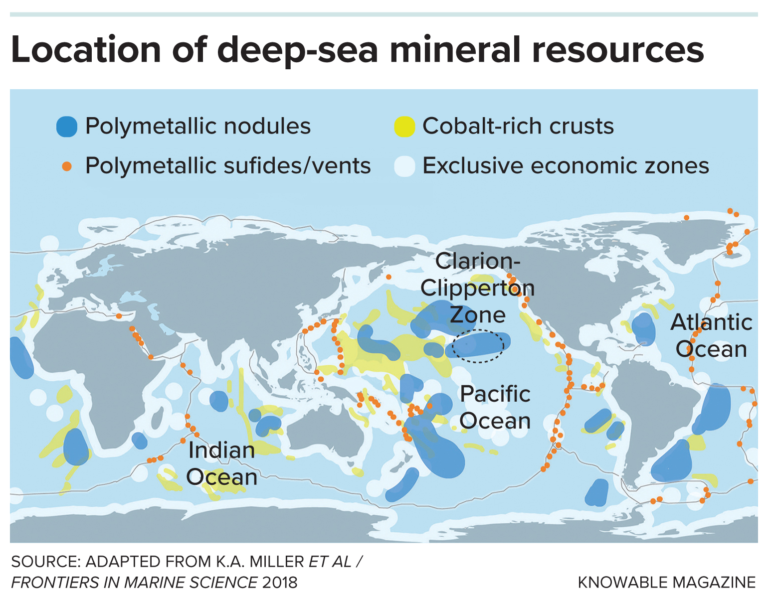 Map of deep sea mineral resources A global map showing the main locations for polymetallic nodules and other coveted mineral resources in the oceans. Also shown are exclusive economic zones and the location of the Clarion-Clipperton Zone, the focus of many deep-sea mining ambitions.