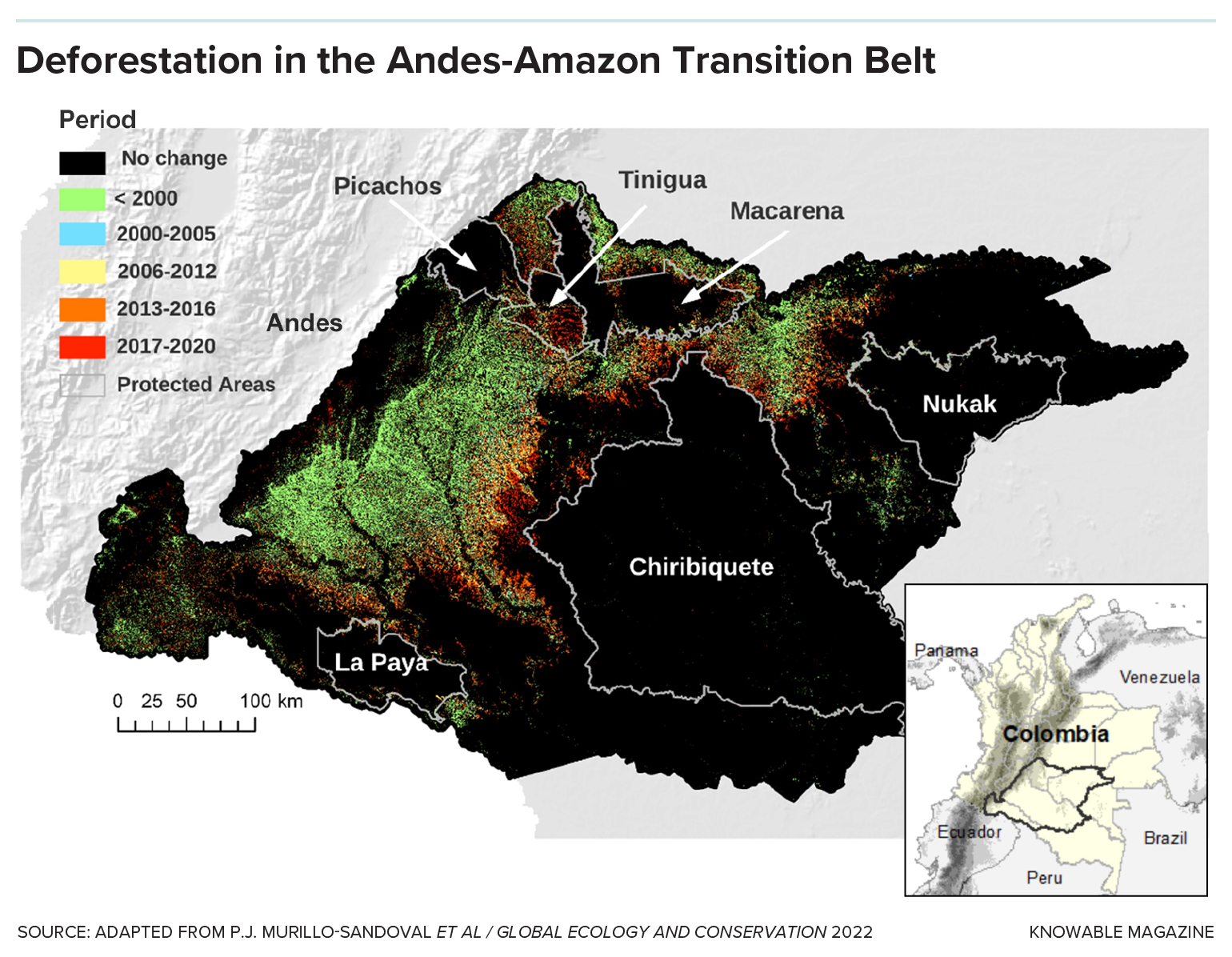 The map shows deforestation in the Andes-Amazon Transition Belt in Colombia over time. 
