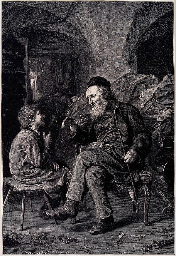 Old man teaches wisdom A black and white illustration shows a young boy sitting next to an old, bearded man. The child is listening closely to his elder’s counsel.