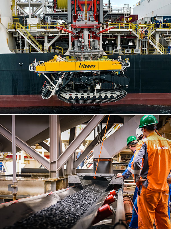 The Metals Company pilot tests A bright yellow vehicle with caterpillar tracks is lowered over the side of a ship in the top image. In the bottom image, men stand by in orange work clothes as nodules are delivered down a chute into a channel in the ship’s hold.