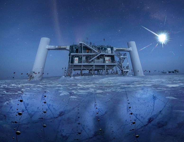 IceCube An artist’s rendering, based on a real image of the IceCube Lab at the South Pole, shows a distant point of light that emits neutrinos and can be detected below the ice by strings of sensors.